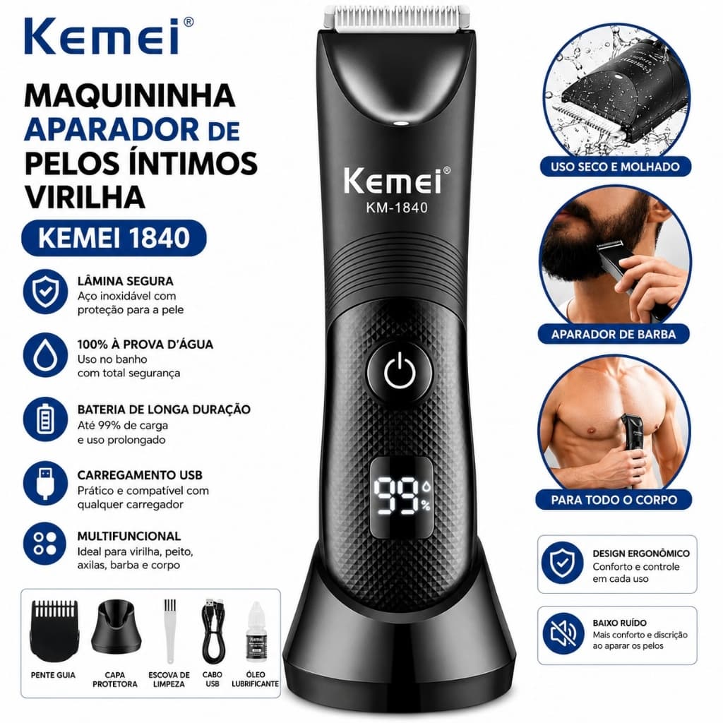 Maquininha Aparador Pelos Íntimos Kemei 1840 Ou 1838 Virilha Barba Corpo IPX7