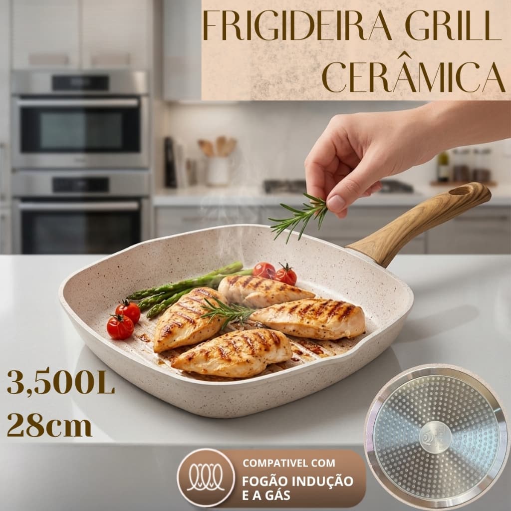 Frigideira Grill de Cerâmica Quadrada fundo Indução e Gás com Cabo Térmico Silicone 3.5L 28cm espessura de 2,5 milímetro