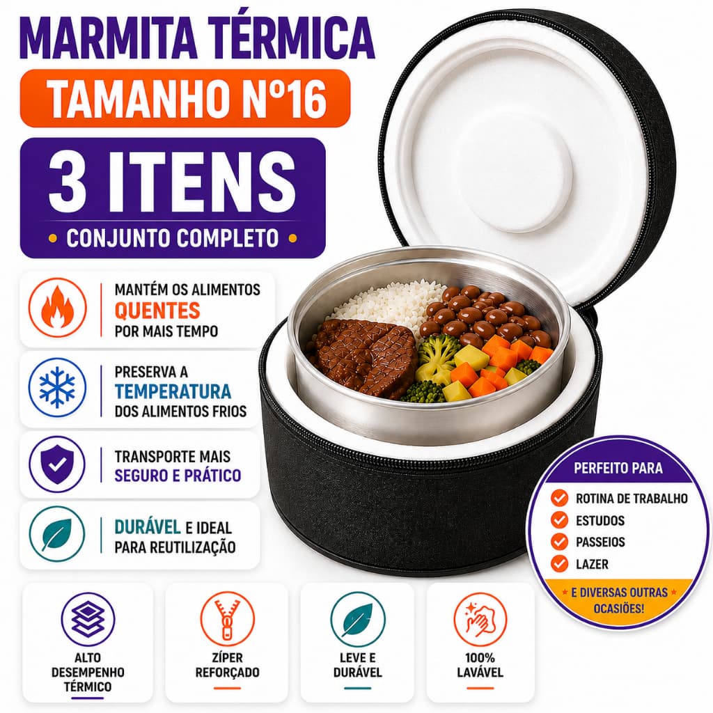 Marmita Térmica Redonda Média Nº14 com Bolsa Isotérmica e Marmita de Alumínio