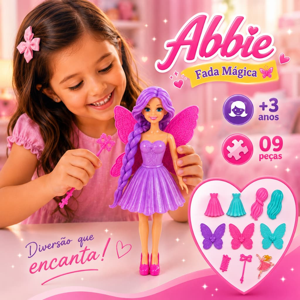 Boneca Fada Infantil Com Vestidos Cabelos E Asas 09 Peças +3 anos