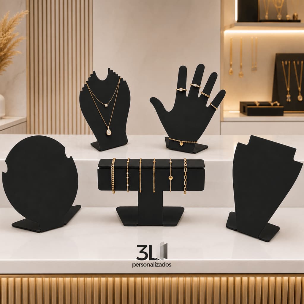 Kit Expositor Loja Joia Bijuteria Colar Anéis Pulseira Em Acrílico Premium 02mm Preto