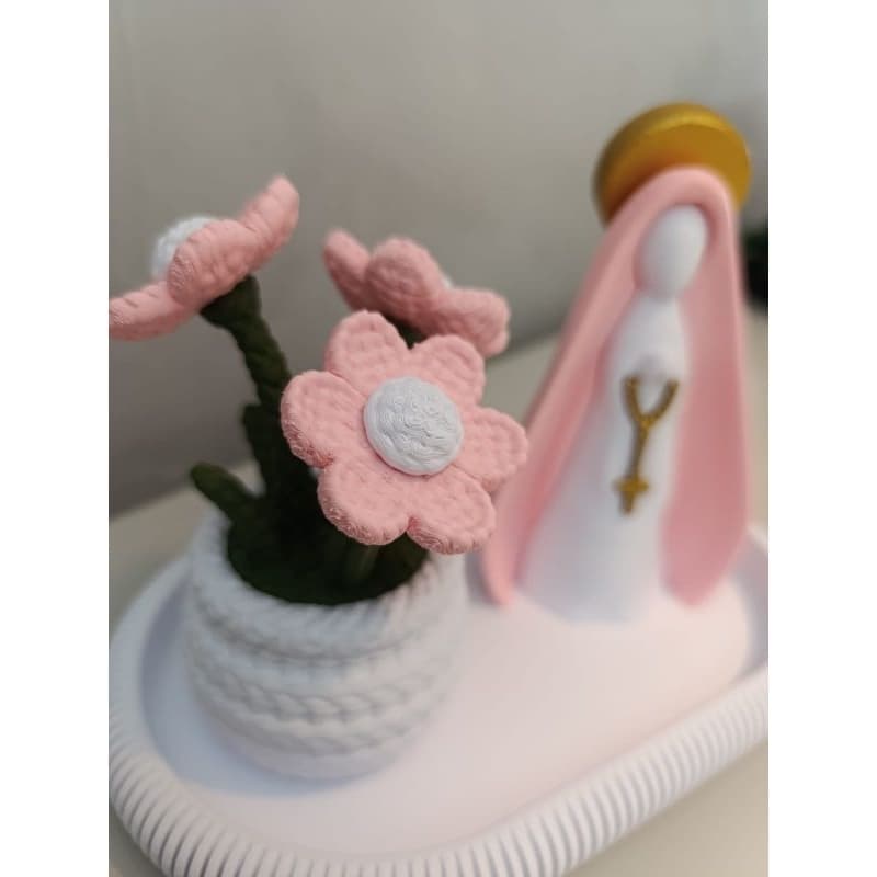 Kit Imagem Nossa Senhora / Santinha Com Rosário + Vasinho de Flores Com Bandeja Decoração Religiosa Presente