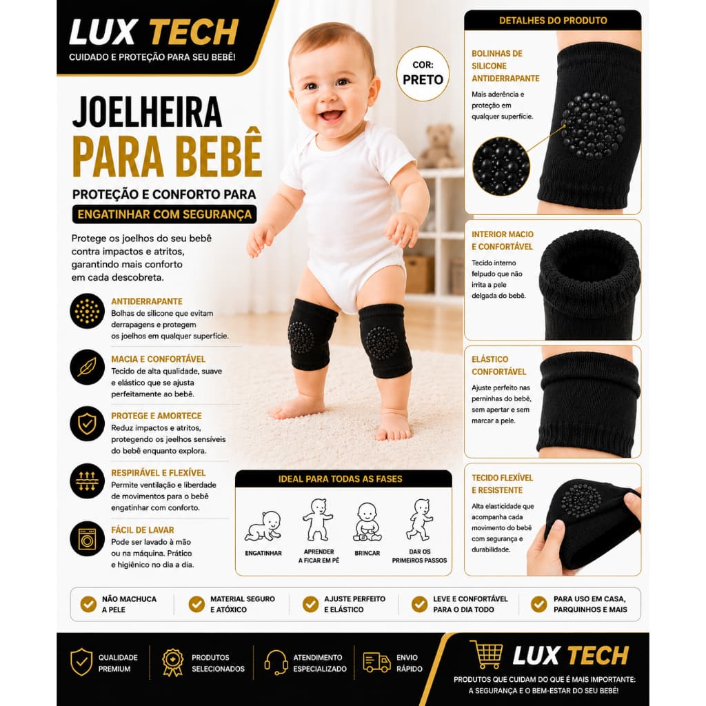 Joelheira Para Bebe Antiderrapante Macia Engatinhar Protetor Joelho Cor:Preto