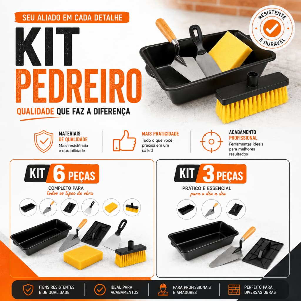 Kit Colher Pedreiro Espatula Desempenadeira Caixa de Massa Masseira 20L Esponja Broxa