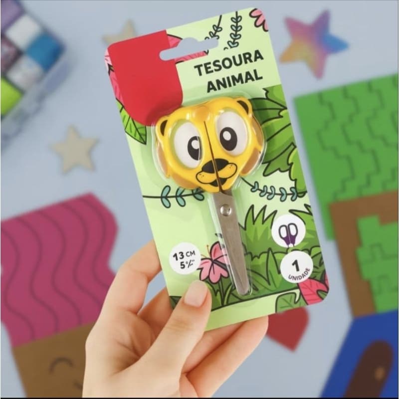 Tesoura Escolar Infantil Temática Baby Zoo 13cm com Lâmina de Aço Inox e Cabo Anatômico