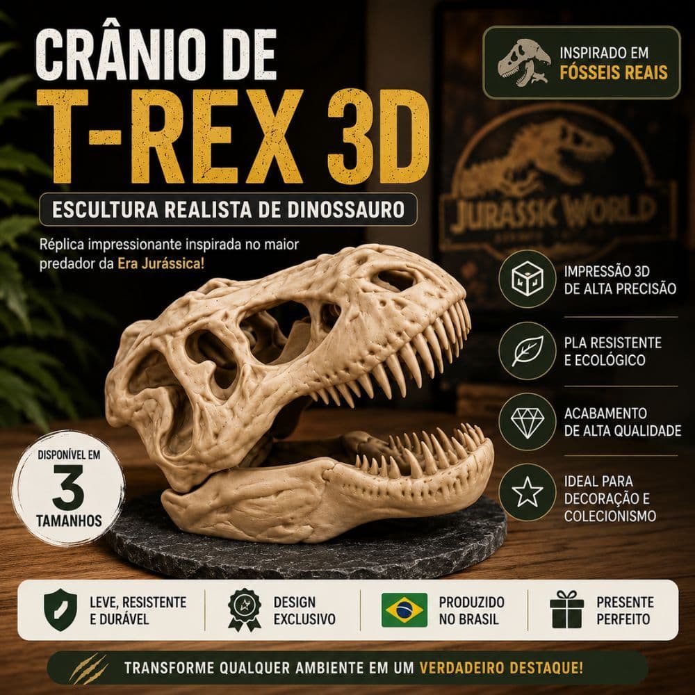 Crânio T-Rex Escultura 3D Fóssil Dinossauro Colecionável