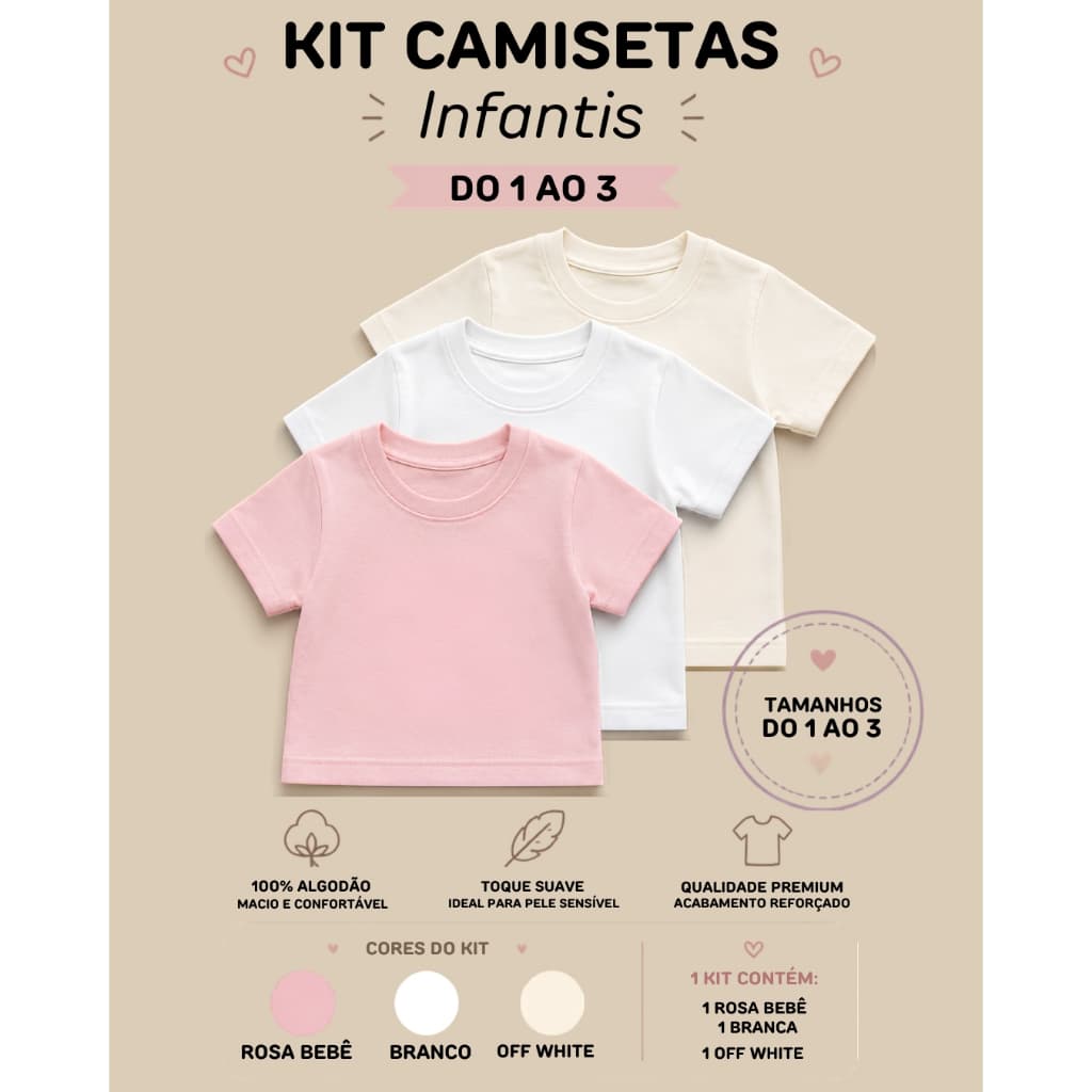Kit 3 Camisetas Infantis Básicas 100% Algodão Manga Longa e manga curta Menina Tam. 1 ao 3 Anos