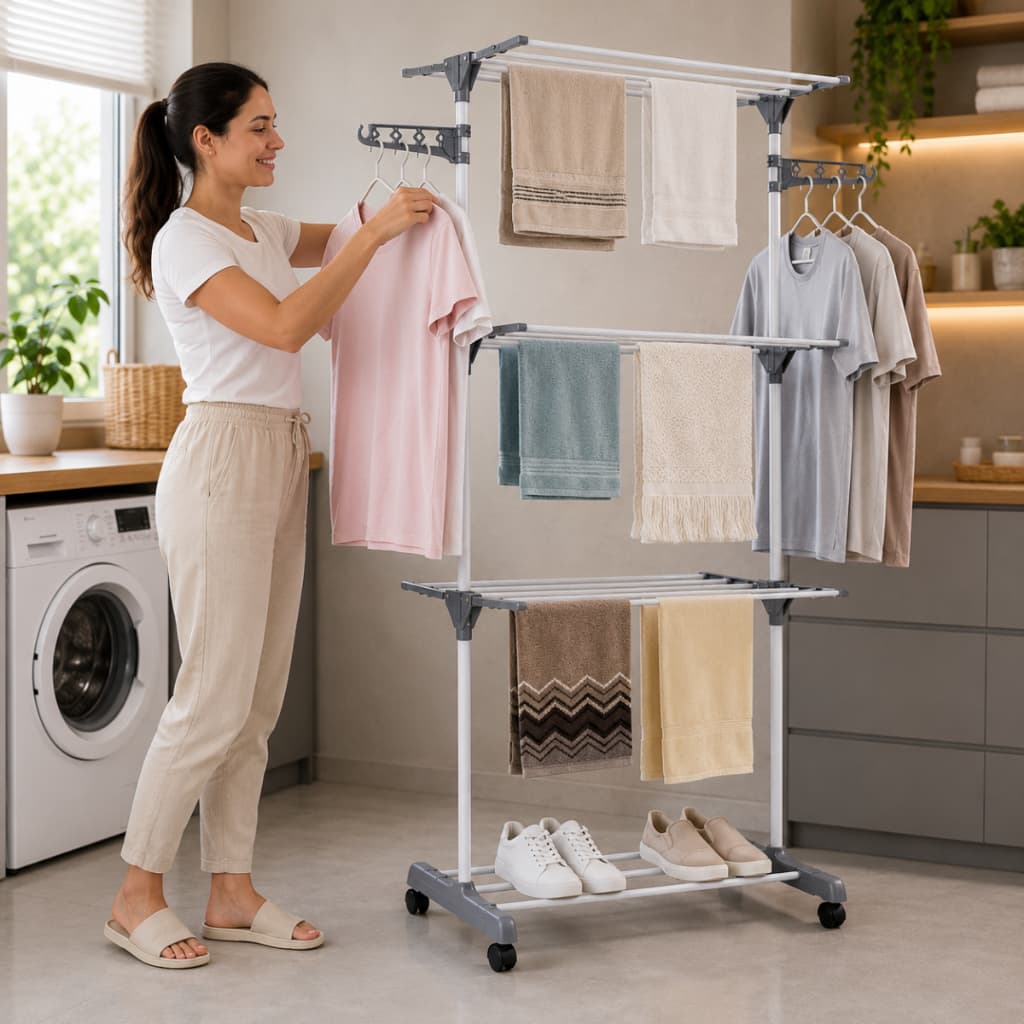 Varal de Chão 3 Andares Dobrável Organizador Roupa C/ Rodinhas Cabideiro Cinza Azul