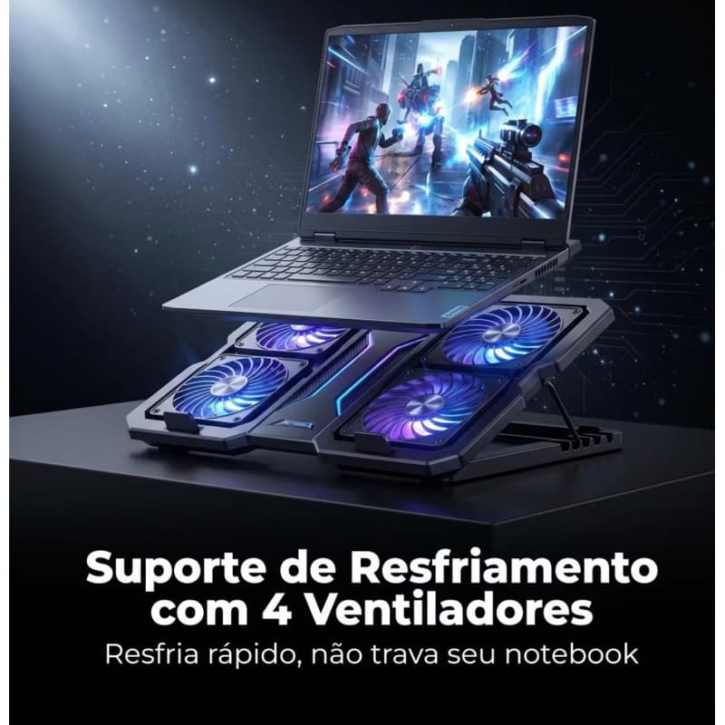 Base Notebook Gamer Cooler 4 Ventoinhas Ajustável Dobrável 15.6-21 Pol