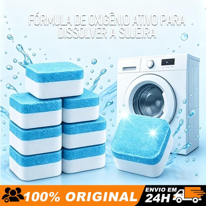 Pastilha efervescente para máquina lavar, limpeza profunda, anti-calcário e bactérias.