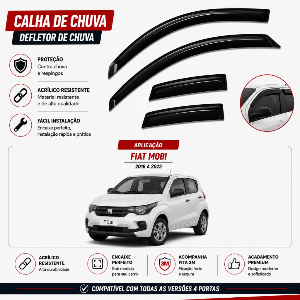 Calha de Chuva Fiat MOBI 2016 a 2026 4 Portas Fumê Acrílico Premium