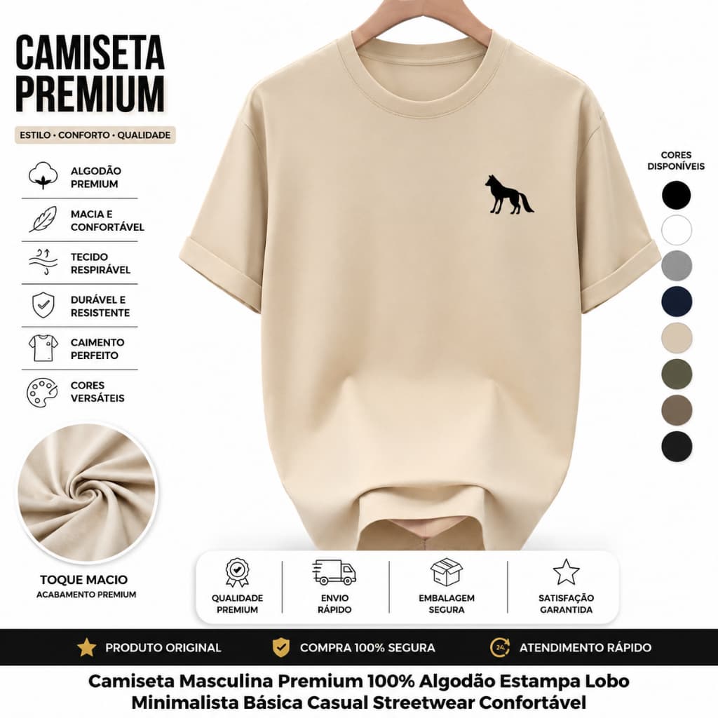 Camiseta Lobo Premium 100% Algodão Camisa Dia a Dia Masculina Envio Imediato
