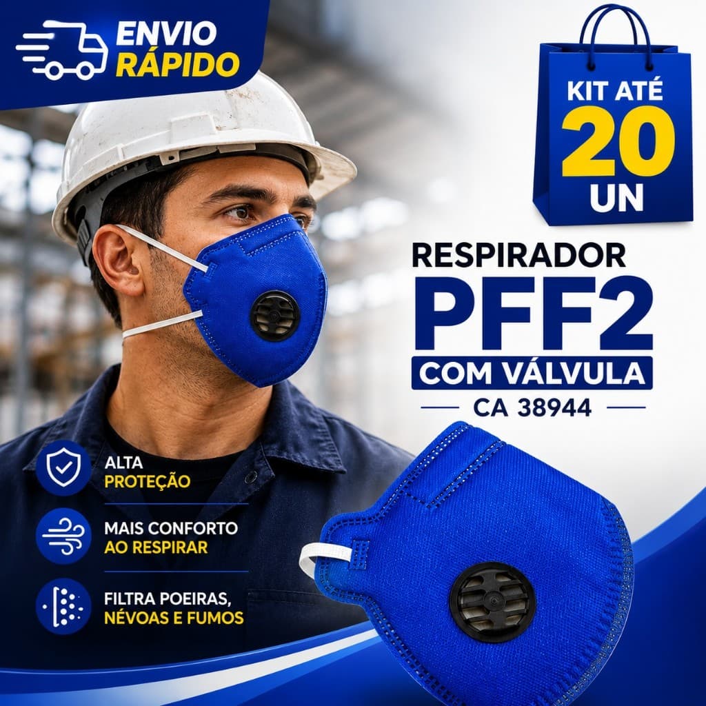 Kit Máscara Respirador PFF2-S Válvula Camper CA 38944 Para Construção Civil Marcenaria Mineração Limpeza Industrial
