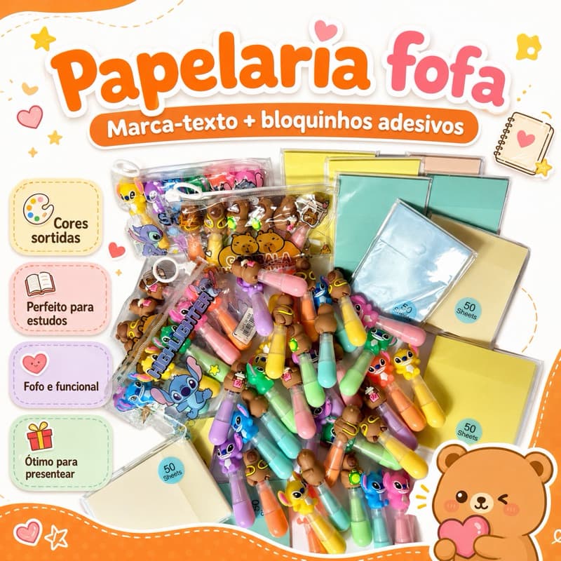 Marca-Texto Mini Personagens Fofos Coloridos e post-it  para Escola, Estudos e Papelaria