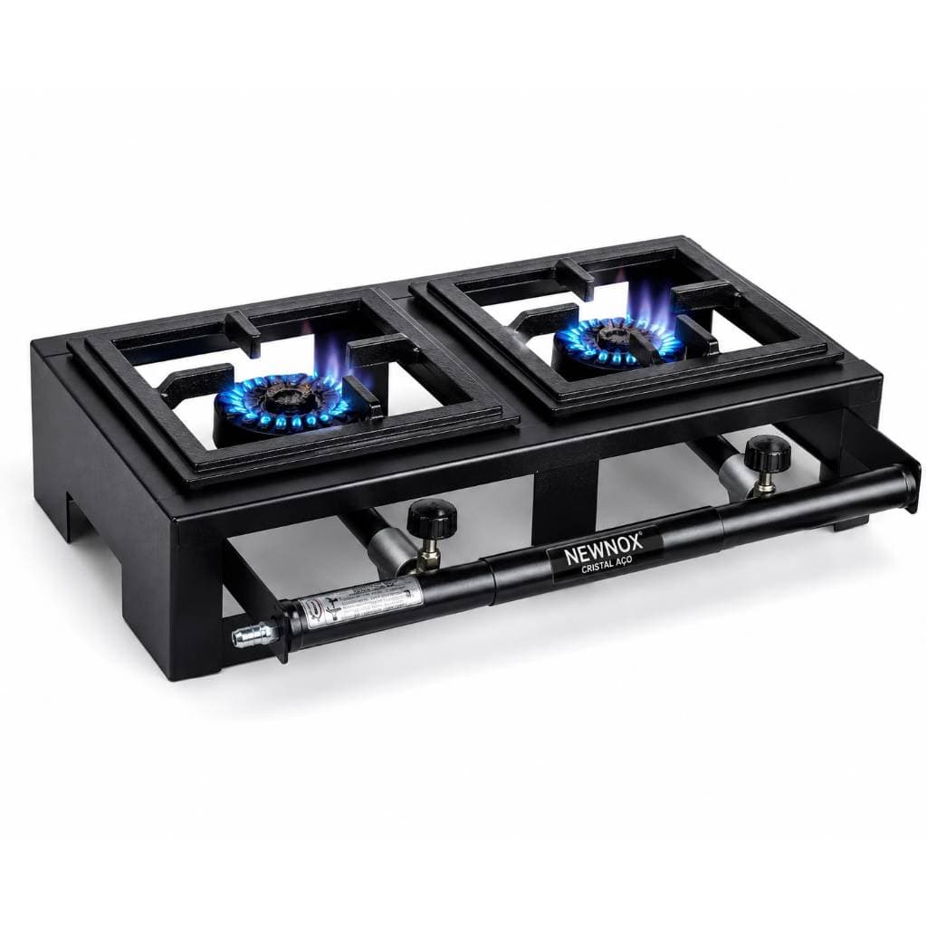 Fogão Industrial De Mesa Alta e Baixa Pressão 2 Bocas Cristal Aço Grelha 20x20 Ferro Fundido