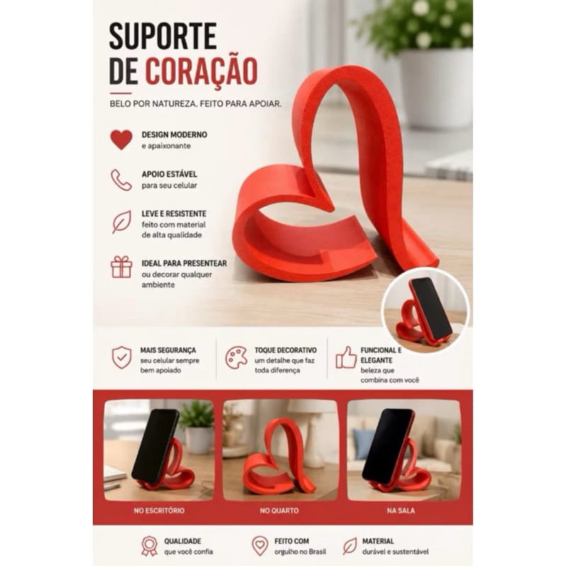 Suporte p | Celular Decorativo Formato de Coração | Impressão 3D em PLA | Porta Celular para Mesa | Presente Criativo