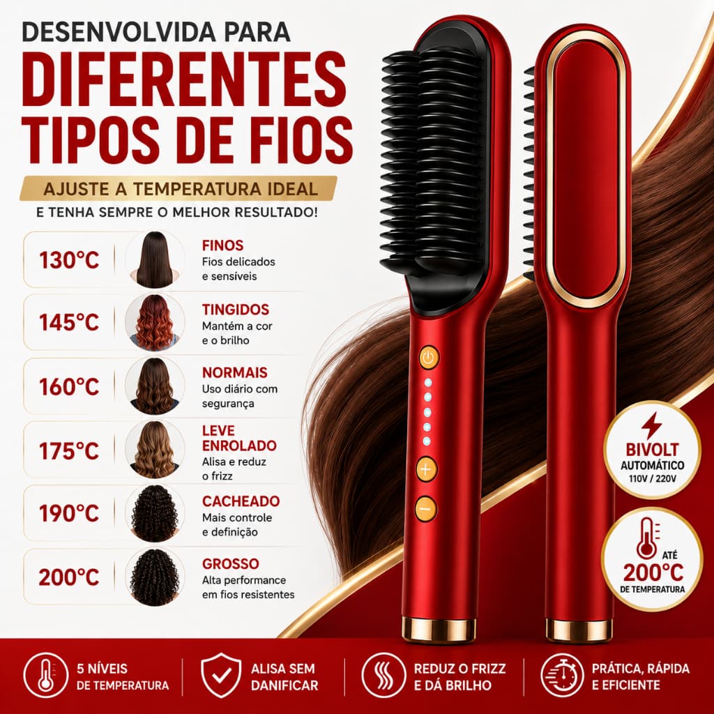 Escova Alisadora de Cabelo Elétrica Bivolt 5 Temperaturas 130º a 200ºC Profissional Aquecimento Rápido