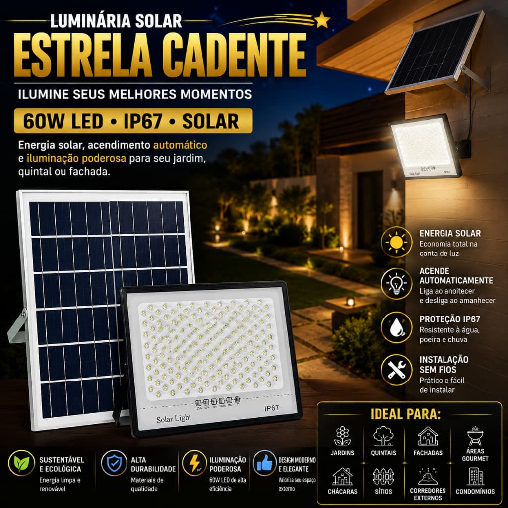 Luminária Solar Estrela Cadente LED 60W IP67 Prova D'Água Luz Decorativa Jardim Externo