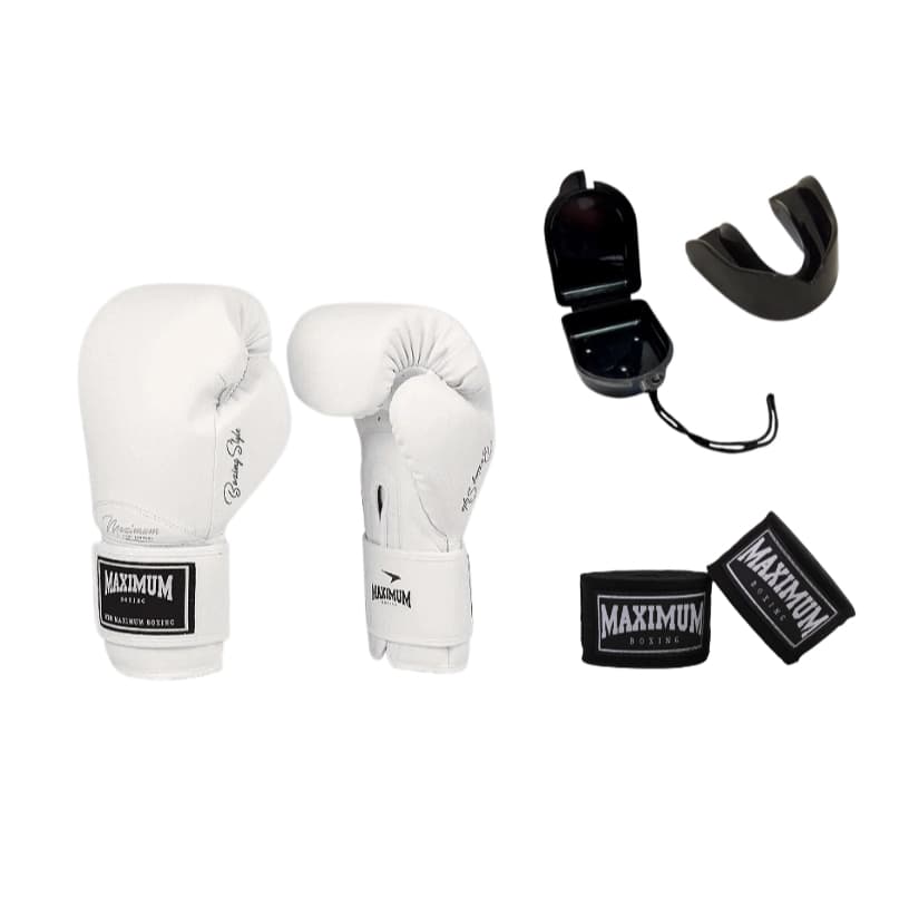 Kit Classic Branca, Bandagem Preta 3 Metros e Protetor Bucal- Boxe/Muay Thai