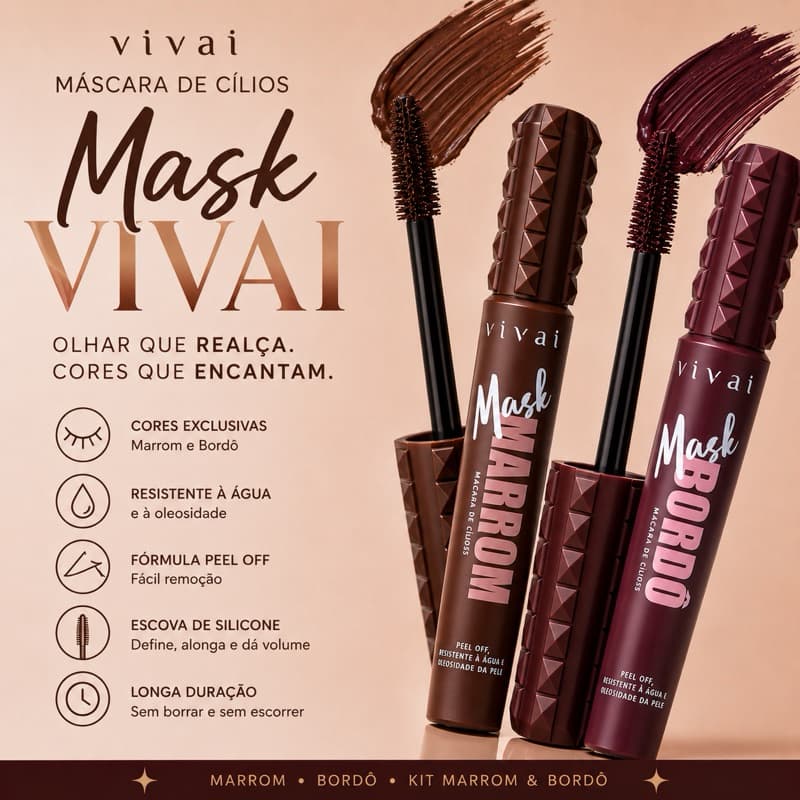 Máscara de Cílios Mask Vivai Original Marrom Bordô Peel Off Resistente à Água