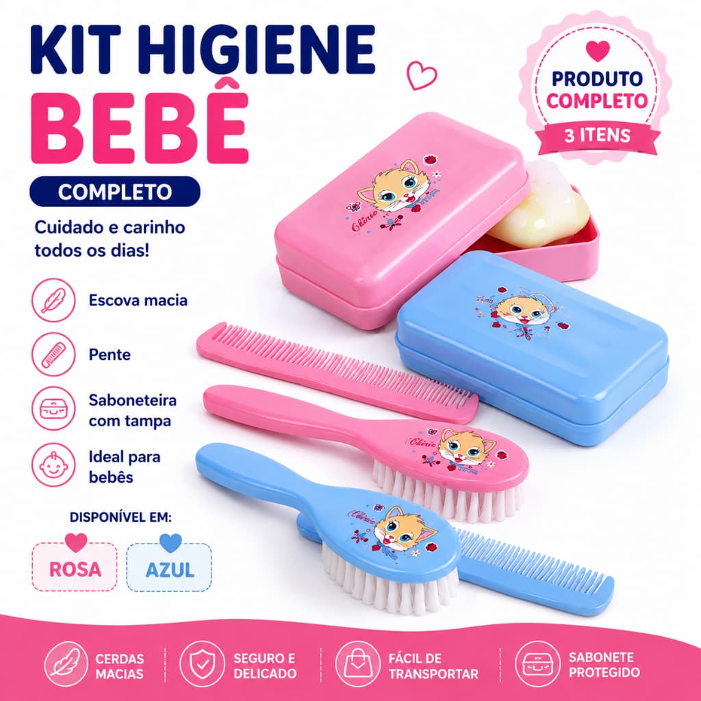 Kit Higiene Bebê Completo (Escova + Pente + Saboneteira)