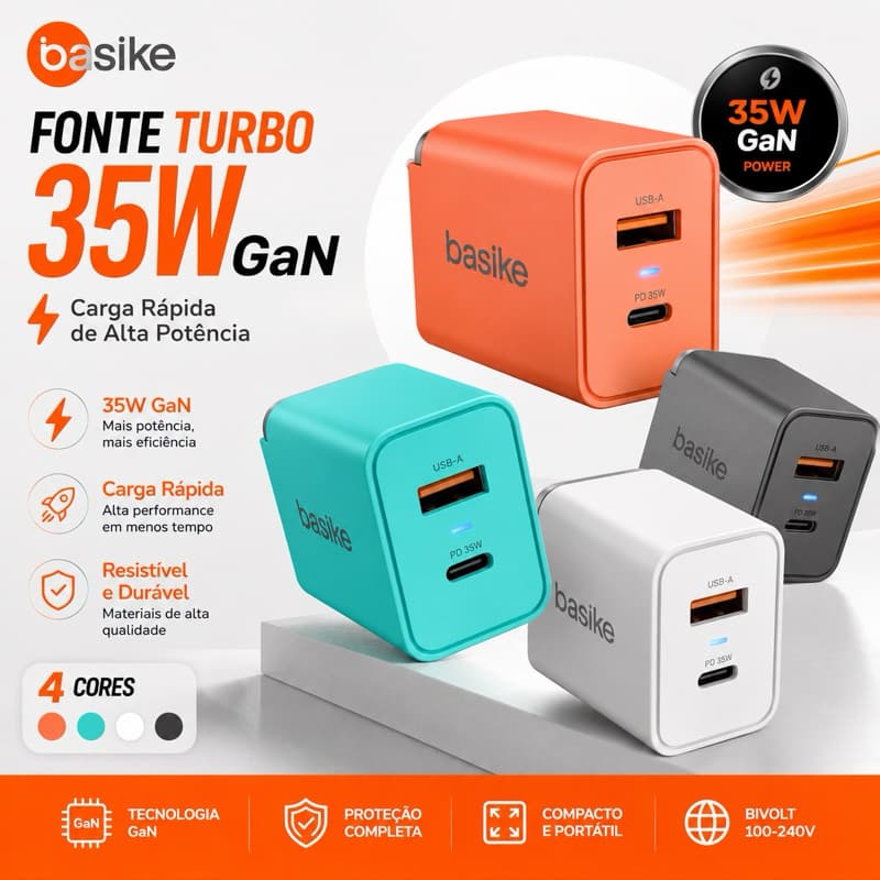 Fonte Carregador Turbo 35W Tecnologia GaN Basike Original Anatel (Sem Cabo) USB + USB-C