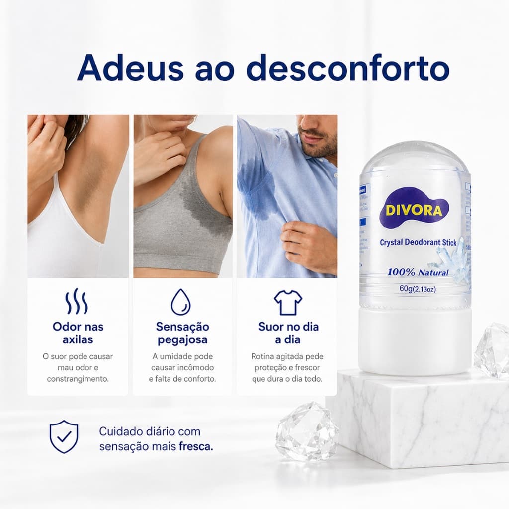 Desodorante de Pedra Cristal DIVORA Sem Alumínio Vegano Antiodor Proteção 24h 60g