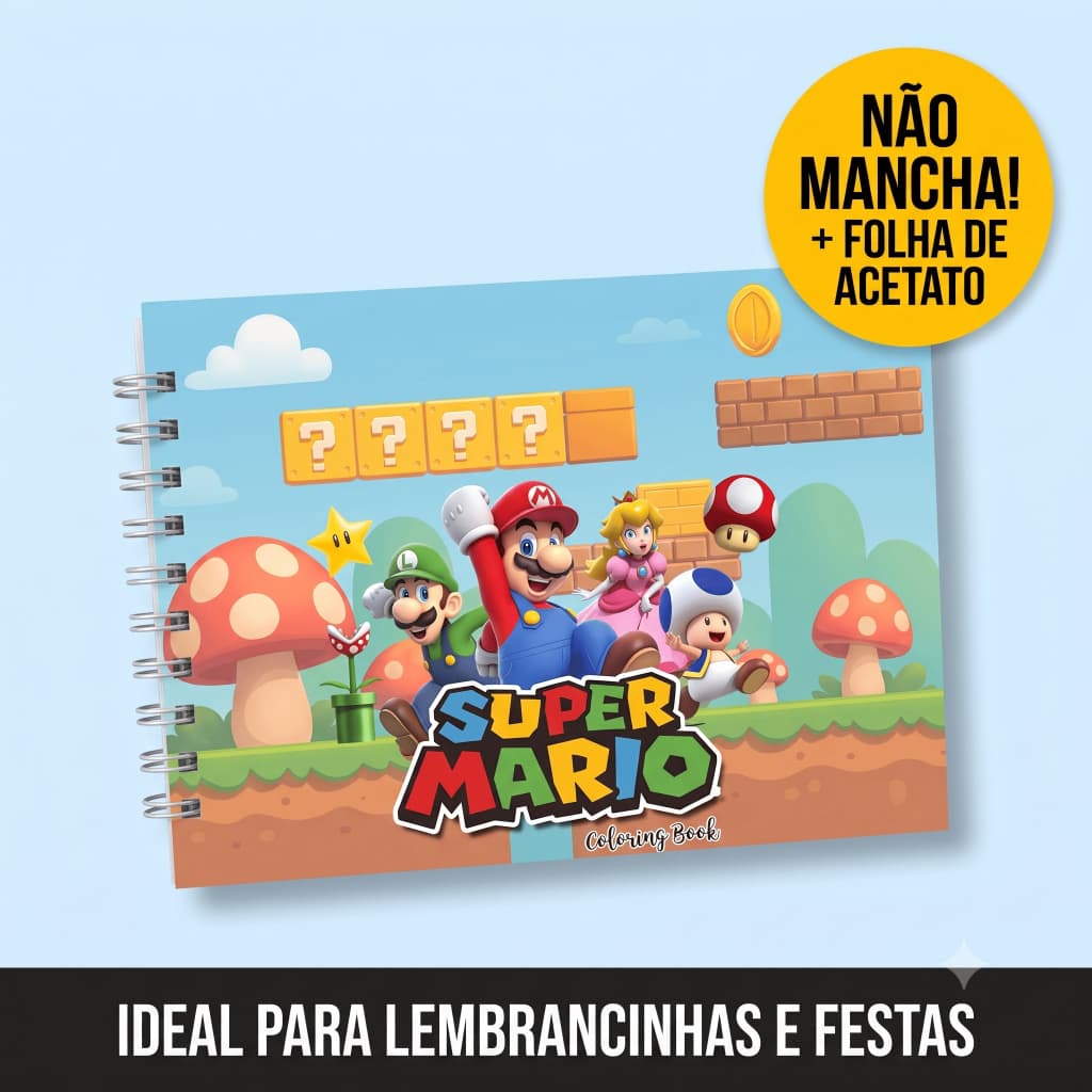 Livro de Colorir Super Mario A5 Capa Dura 50 Folhas Grossas com Acetato com ou sem Nome