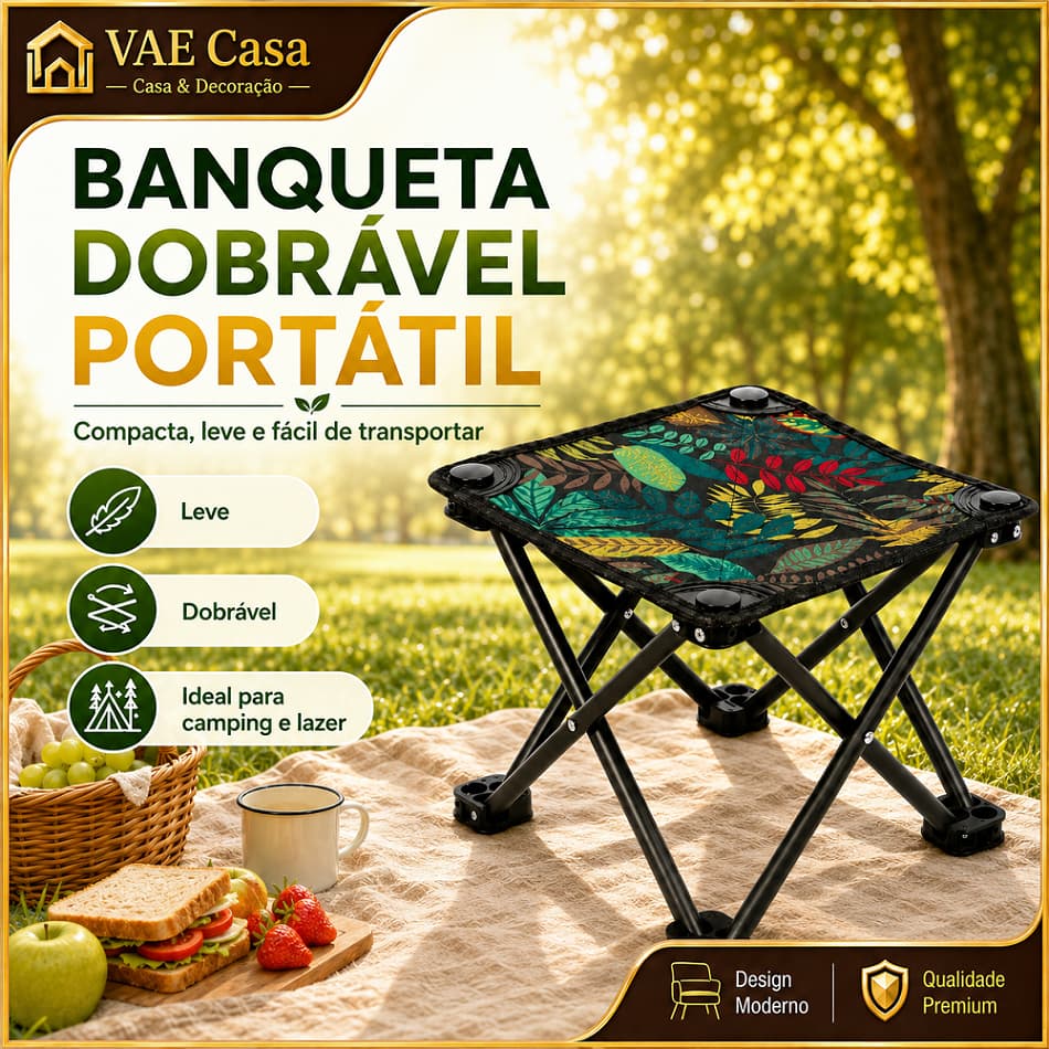 Banqueta Dobrável Portátil Com Estampa Floral, Estrutura Metálica Leve, Modelo Compacto De Montagem Rápida E Fácil