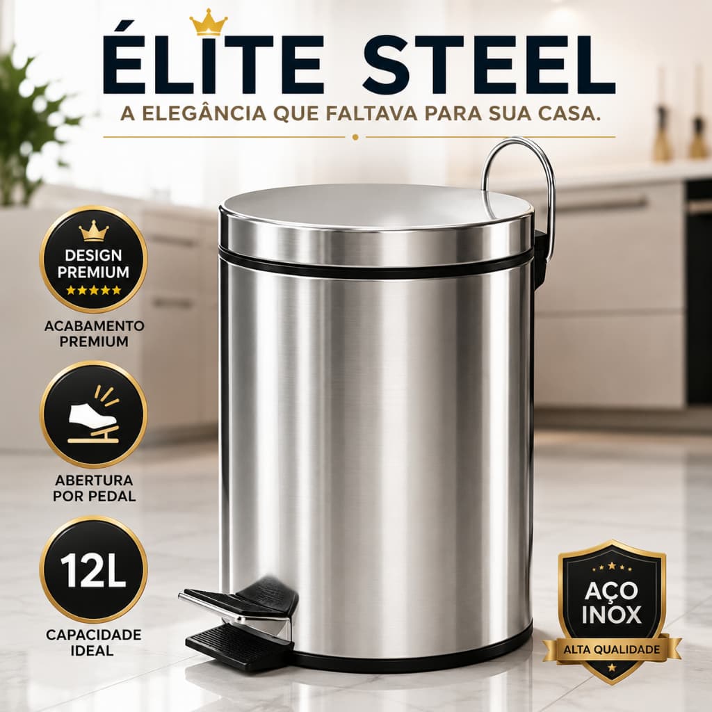 Lixeira aço Inox 12 Litros  com Pedal  Redonda Multiuso para Cozinha Banheiro Escritório Élite Steel