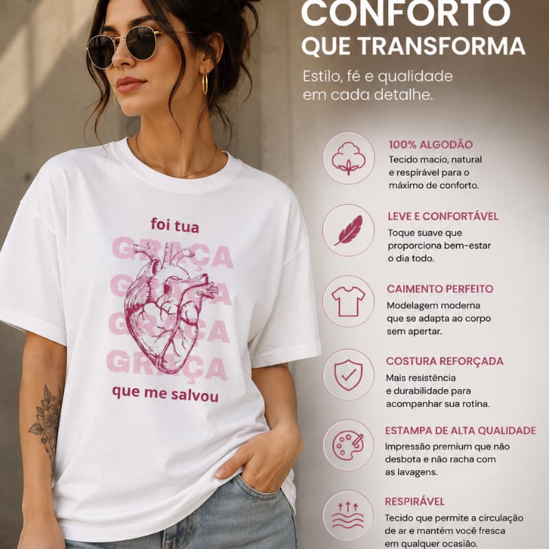 Camiseta Feminina Estampa Foi Tua Graça Que Me Salvou Qualidade Premium Envio Ja