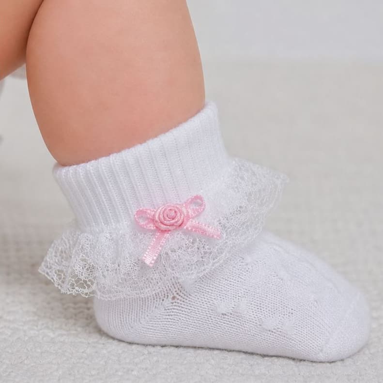 Meia Bebê Menina Renda Laço Flor Batizado Saída Maternidade Luxo Algodão