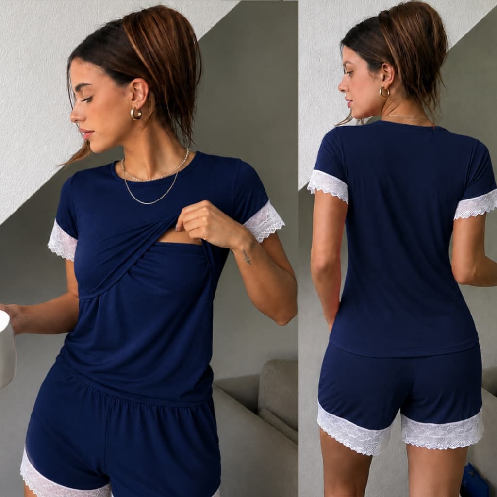 Pijama Feminino Amamentação Curto Para Gestantes Pós Parto Verão com Renda Ultra Confort