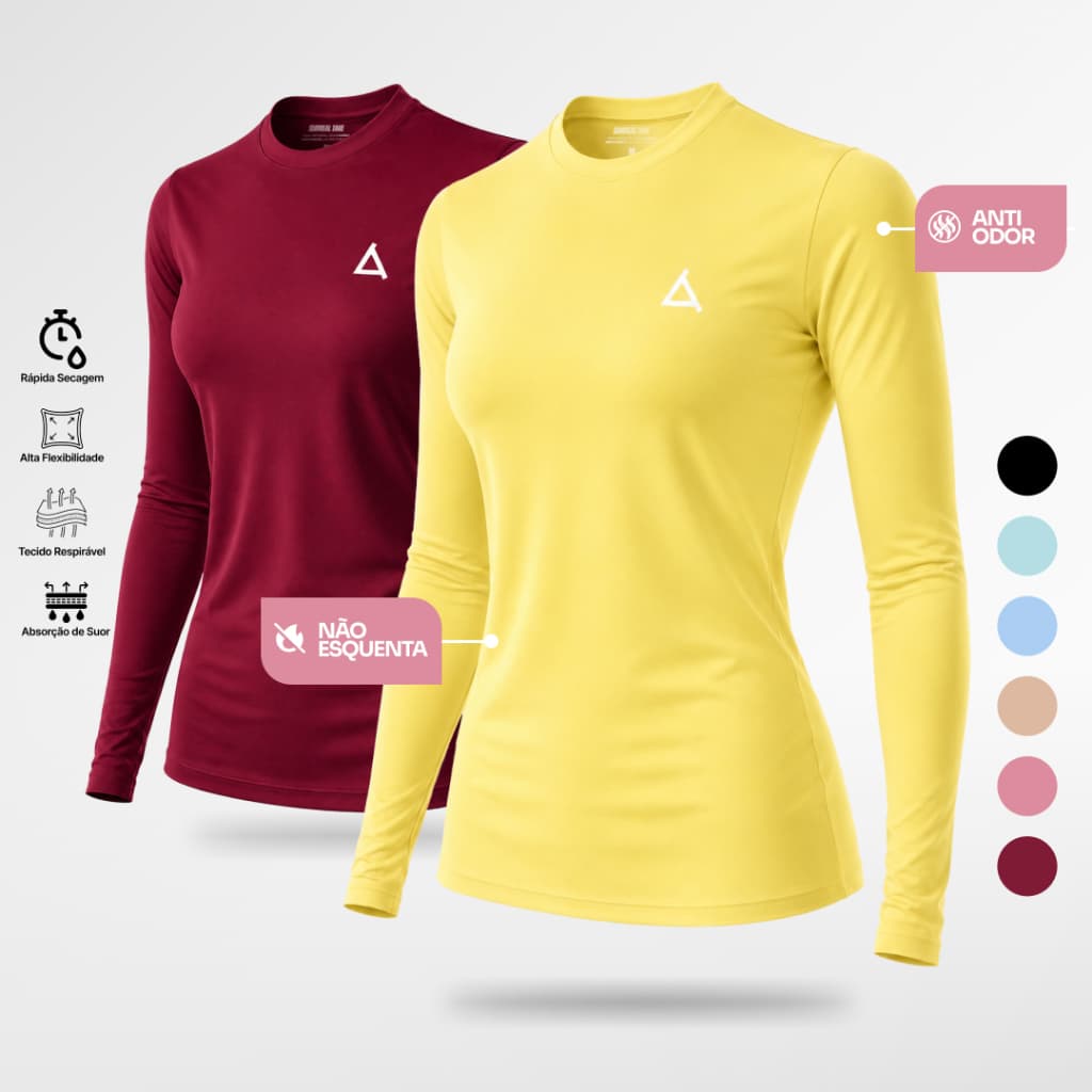 KIT 2 ou 1 Camisa Térmica Feminina Segunda Pele Academia Dry Fit UV 50+ Camiseta Caminhada Treino