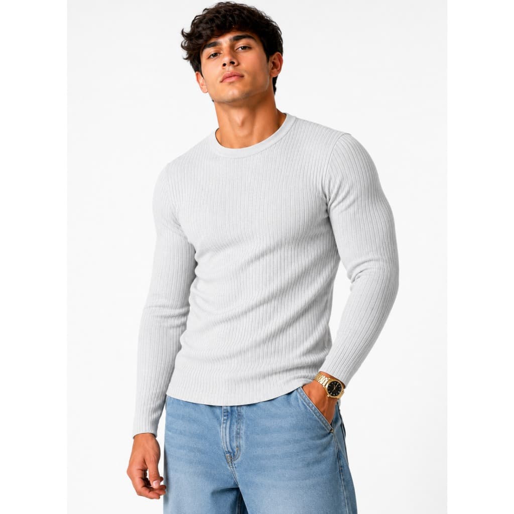 Camisa Masculina Manga Longa Malha Canelada Slim Gola Alta Blusa Masculina de Frio Inverno Térmica Premium