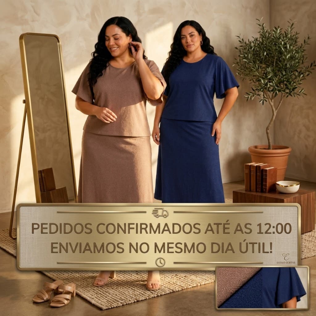 Conjunto Feminino Plus Size de Saia e Blusa Manga Borboleta Moda Evangélica Social Elegante