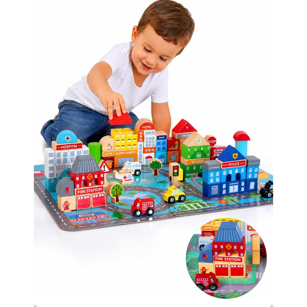 Bloco de Construção Minha Cidade 140 Peças Madeira Brinquedo Educativo Infantil Pedagógico