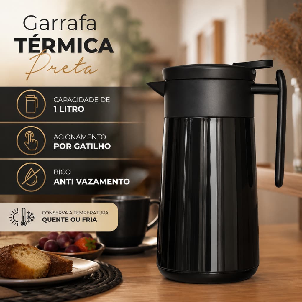 Garrafa Térmica Class 1 Litro Preta Café Chá Mantém Temperatura Design Moderno