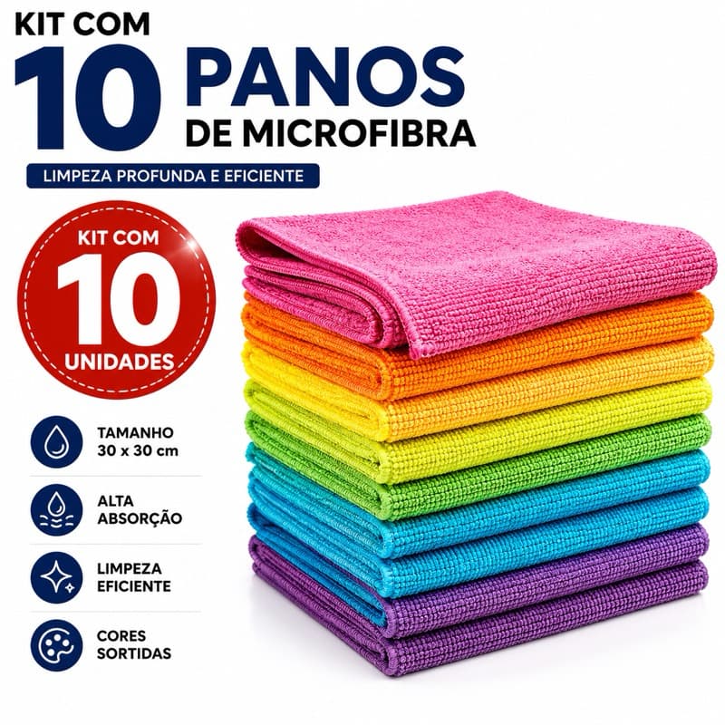 Kit com 10 Panos de Microfibra 30x30 Multiuso Alta Absorção Limpeza Automotiva e Doméstica