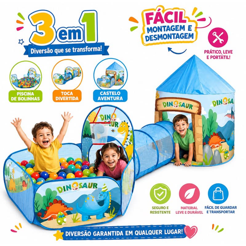 Barraca Dinossauro Azul Infantil 3 em 1 Toca Túnel e Piscina de Bolinhas Linda Estampa Cores Vivas