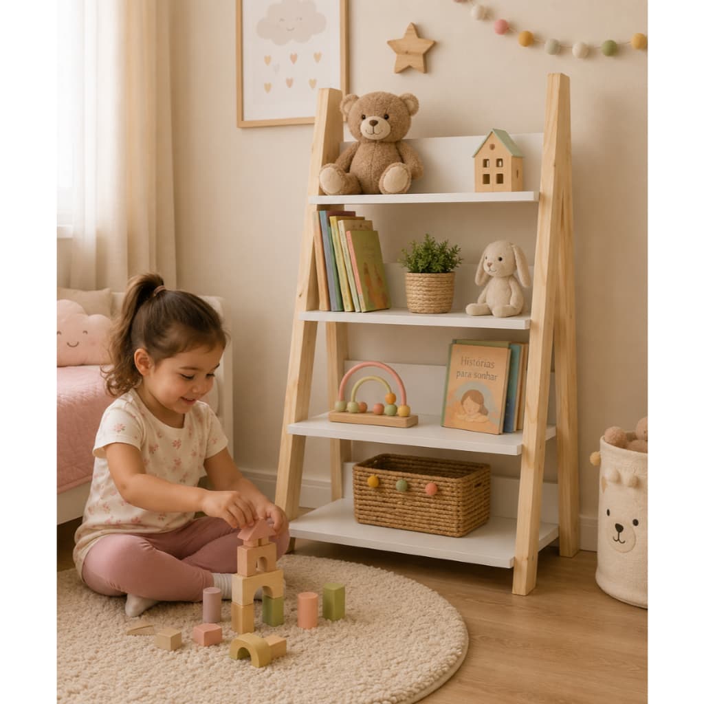 Estante Montessori Infantil Porta Livros Livreiro Infantil Pés Madeira Pinus Natural Malu