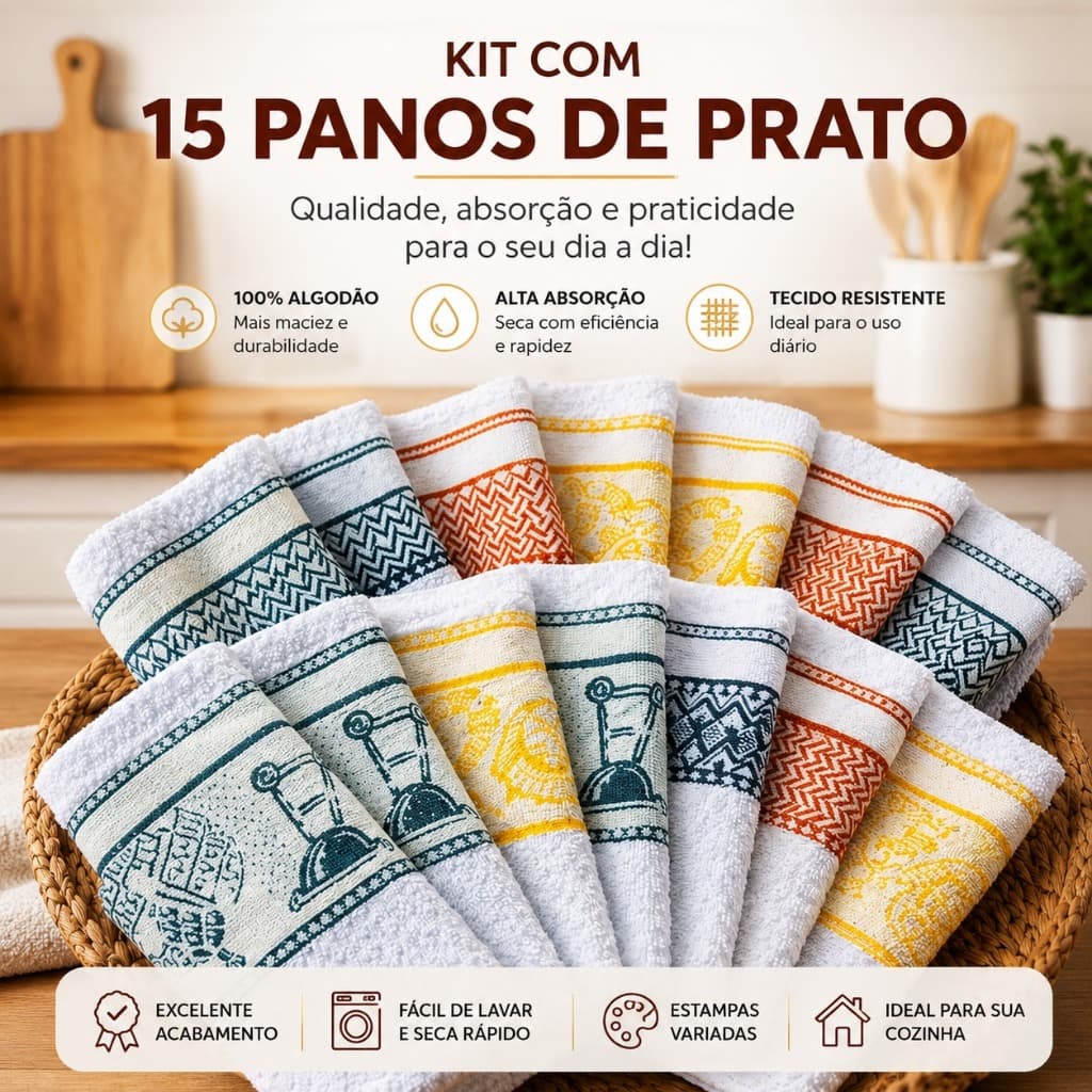Kit 15 Peças Panos De Prato Direto De Fabrica Pano de Pratos Atoalhados 100% Algodão