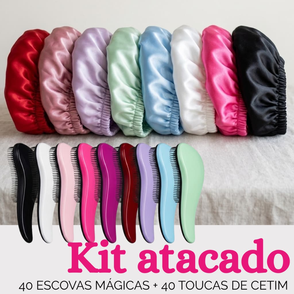 Kit Atacado Revenda 40 Escovas Mágica Desembaraçadora Cabelo E 40 Toucas De Cetim Anti Frizz Cores