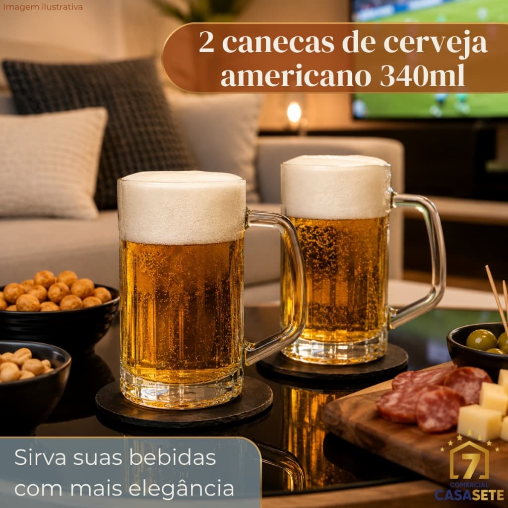 Kit 2 Canecas de Chopp Cerveja em Vidro 340ml Com Alça Reforçada Copo Resistente para Bar  Churrasco