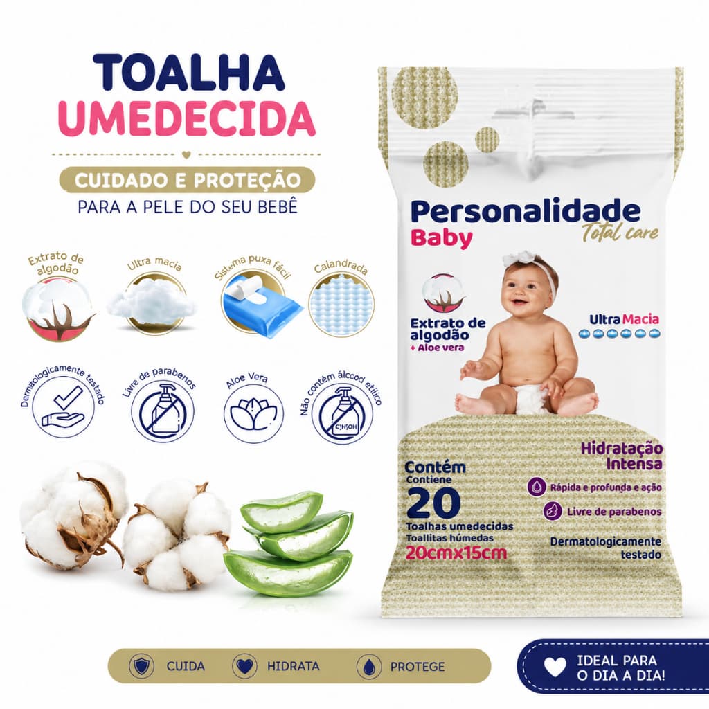 Toalha Umedecida Lenço Umedecido para Bebê Personalidade Baby Pocket com 20 Toalhas Lencinhos
