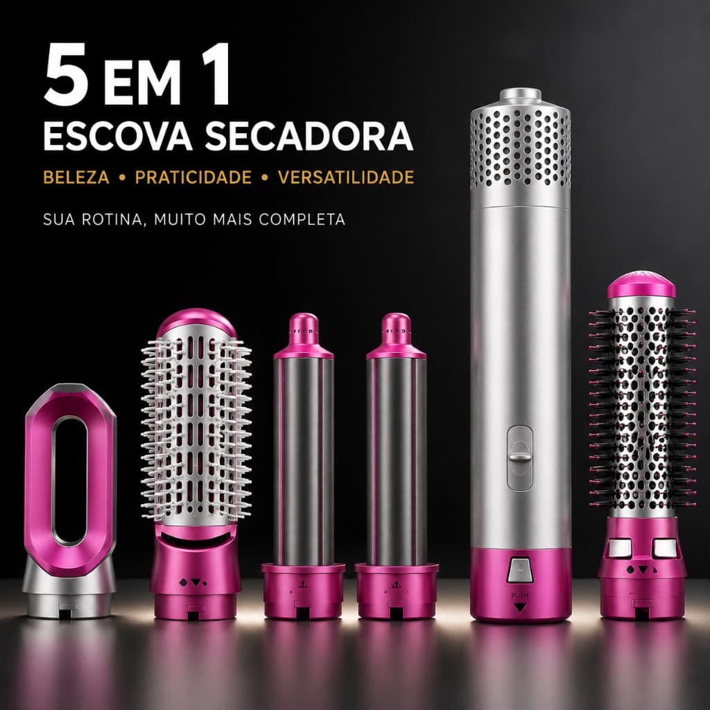 Escova Secadora 5 em 1 Multifuncional 110V Seca Alisa Modela Cachos Anti Frizz Pink Prata