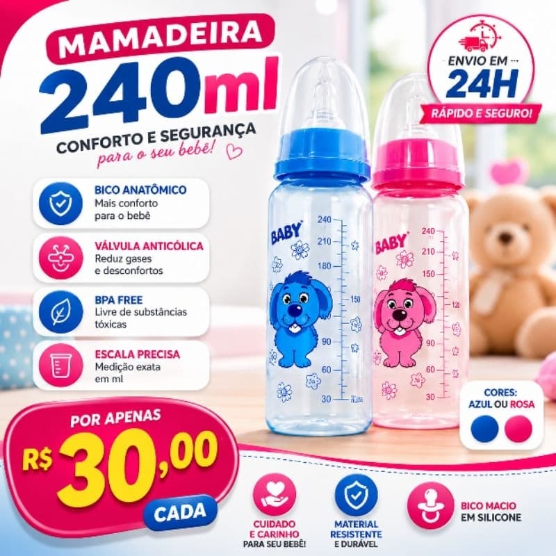 Mamadeira 240ml Rosa ou Azul – Últimas Unidades + Envio Rápido!