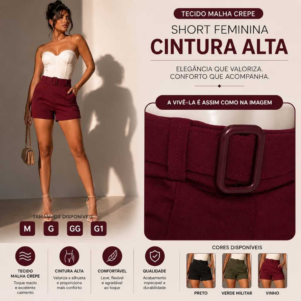 Short Feminino Malha Crepe Cintura Alta com Cinto Alfaiataria Social Elegante Casual