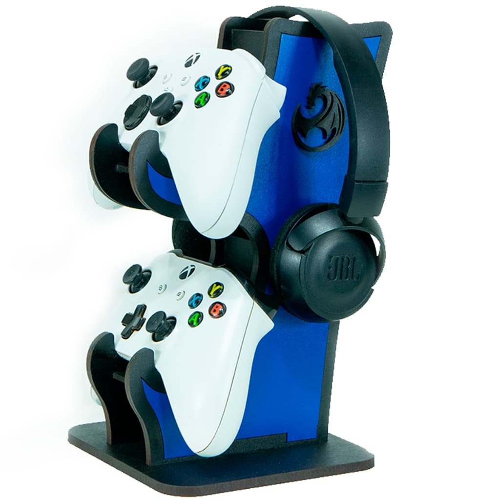 Suporte Gamer para Controle e Headset MDF Organizador de Mesa PS5 PS4 Xbox One Series X/S PC Azul