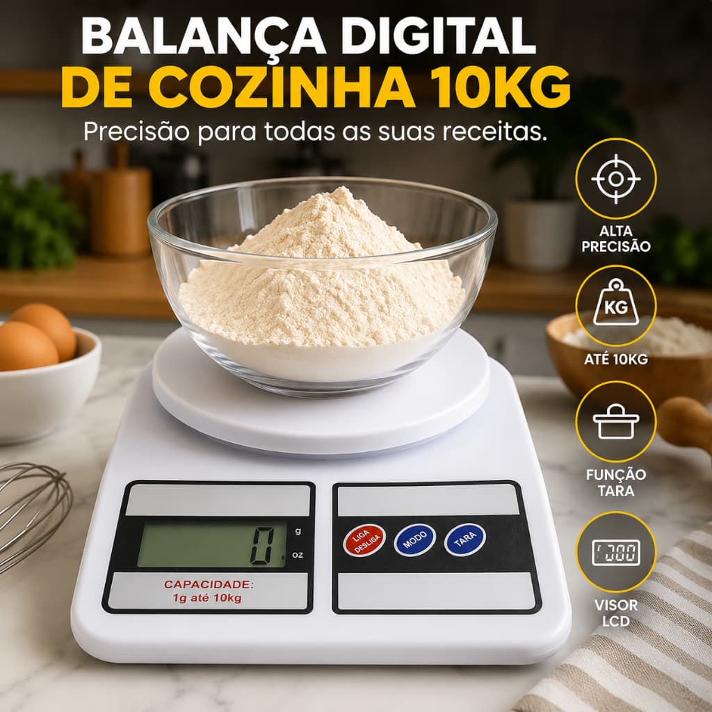 Balança Digital de Cozinha 10kg Alta Precisão LCD com Função Tara para Dieta, Confeitaria, Alimentos, Receitas e Fitness